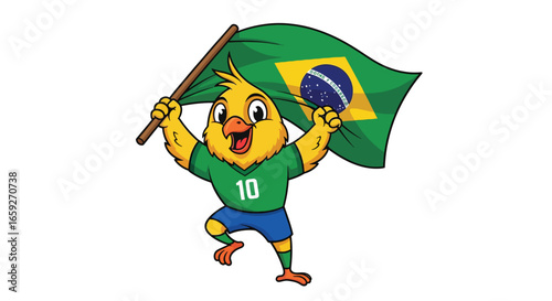 Cheerful Brazilian Bird Mascot with Flag