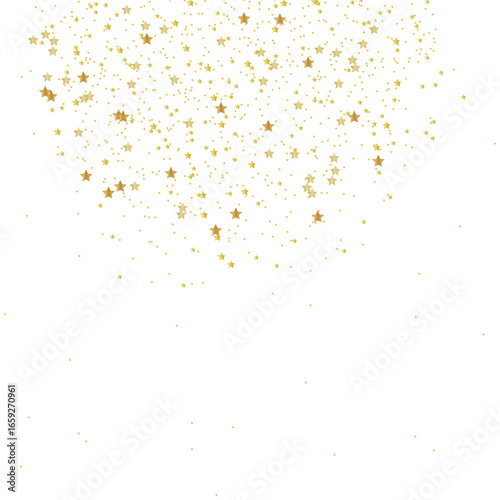 Golden star shaped sparkles confetti isolated on white background.