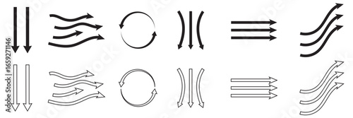 Set of vector arrows with Air flow and direction. Arrows in different styles showing movement, flow, rotation, and direction, useful for diagrams, presentations, and design projects. 