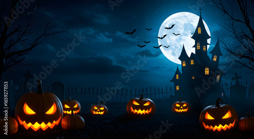 A spooky Halloween scene featuring glowing jack-o'-lanterns in a graveyard, a haunted castle on a hill, and a full moon with bats.
