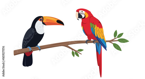 Colorful Toucan and Scarlet Macaw Perched on a Branch