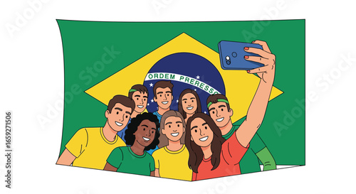 Diverse group of Brazilian friends taking a selfie photo