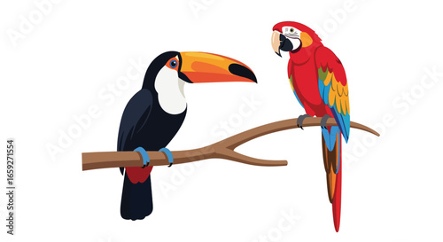 Exotic Toucan and Scarlet Macaw Parrot on a Branch
