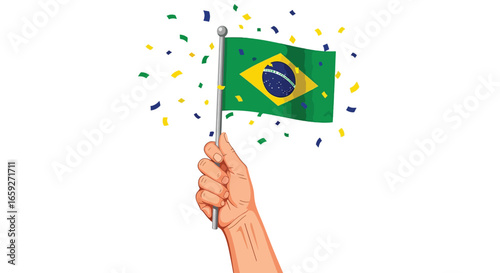 Hand holding Brazilian flag with confetti celebration