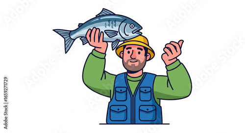 Fisherman proudly displays a large fish he caught, wearing a hat and vest, smiling with satisfaction.