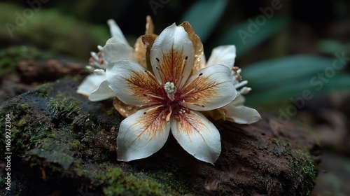 Close-up of a delicate flower resting on a moss-covered log in a lush forest setting