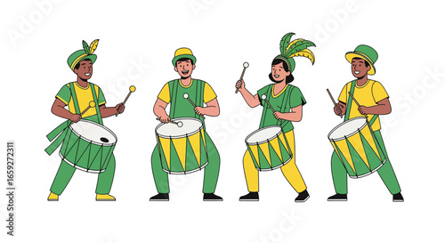 Happy Brazilian Samba Drummers in Festive Costumes
