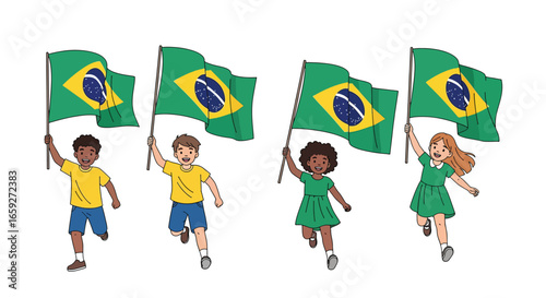 Happy diverse children running with Brazilian flags
