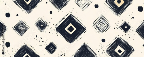 Seamless whimsical hand-drawn geometric pattern, featuring playful black and white diamond shapes, Generative AI