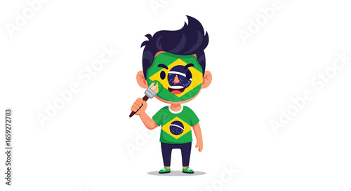 Patriotic Brazilian boy painting the national flag on his face.