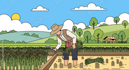 A farmer in traditional clothing harvests rice in a picturesque rural landscape.