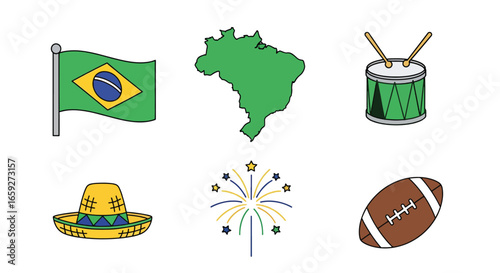 Set of colorful Brazilian culture and celebration icons