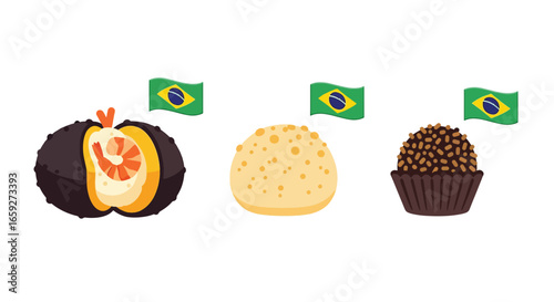 Traditional Brazilian food set: Acaraj?, P?o de Queijo, and Brigadeiro with flags.