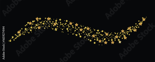 Golden star shaped sparkles confetti isolated on black background.