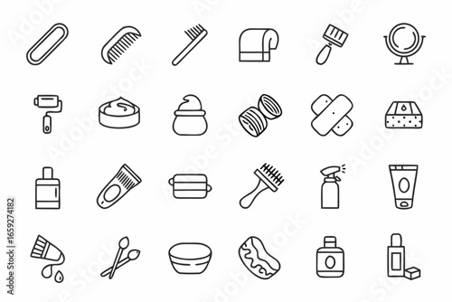 Collection of beauty and personal care product icons in outline style