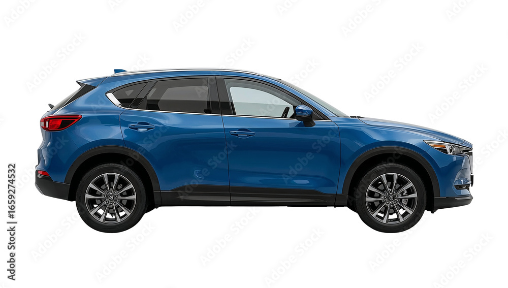 Obraz premium Sleek blue crossover vehicle showcased on a pristine isolated transparent presentation emphasizing