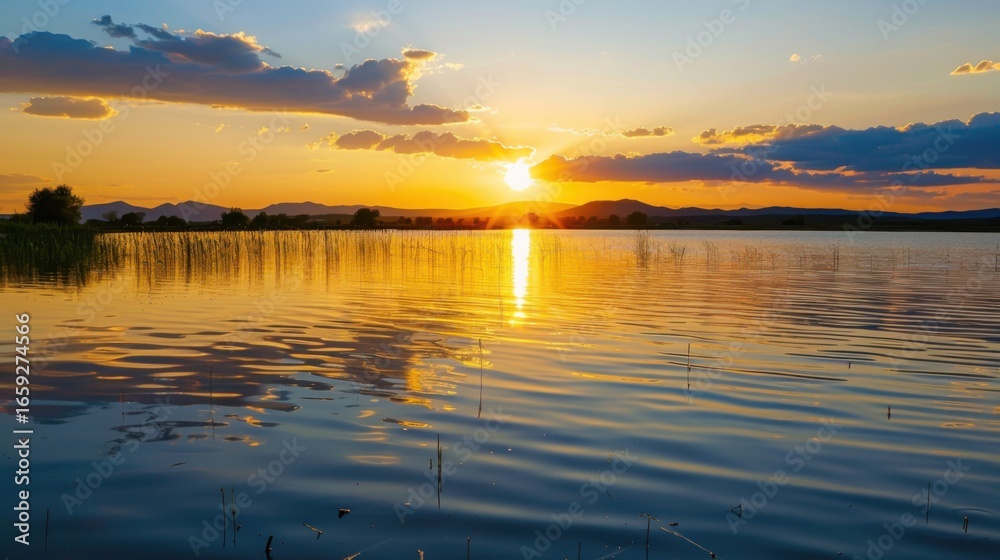 Obraz premium Sunset Reflection on a Calm Lake with Distant Hills