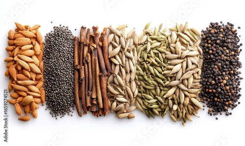 Macro shot of cumin and caraway seeds arranged in a line, isolated on a white background, highlighting the texture and beauty of these aromatic spices, Generative AI