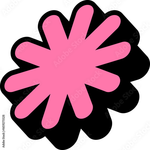 3D pink flower icon in a retro comic style. Vector illustration of a bold extruded asterisk or blossom shape.