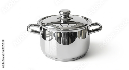 Shiny stainless steel saucepan with lid and handles, isolated on white background.