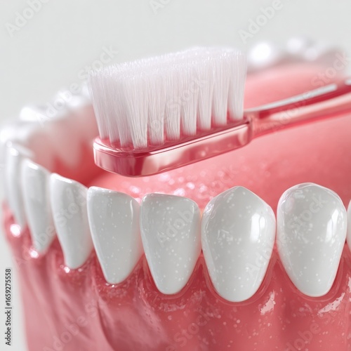 3D render of dental hygiene, toothbrush cleaning teeth, anatomically accurate teeth and gums
