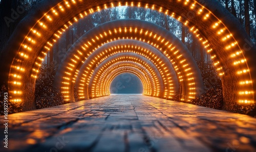 Light tunnel with illuminated edges, creating a futuristic and abstract concept of a pathway or journey, symbolizing progress or transition, Generative AI