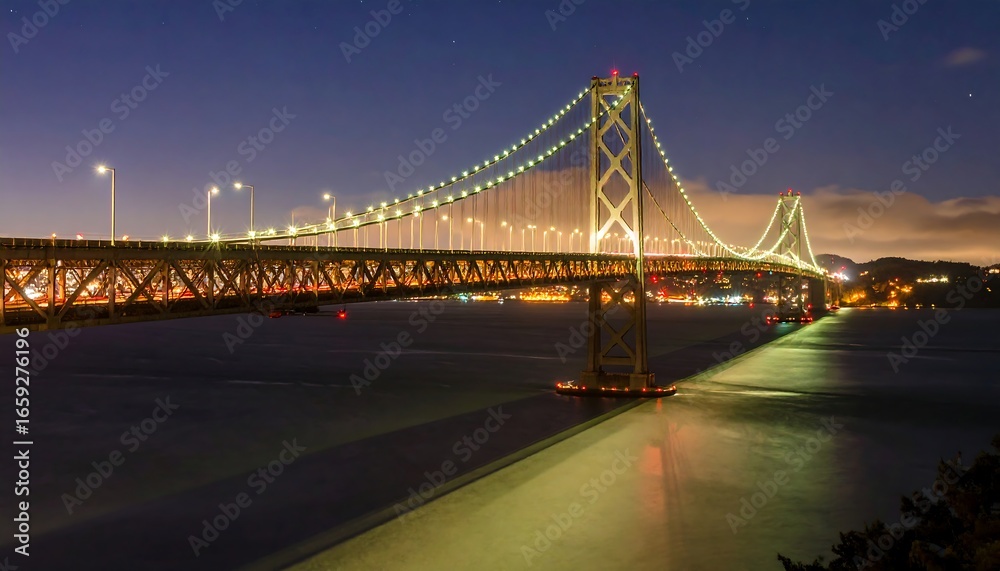 Fototapeta premium Night view of illuminated suspension bridge over water
