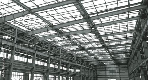 Industrial Warehouse Interior with Steel Framework and Skylights building structure