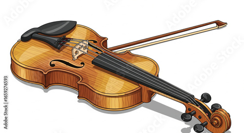A detailed illustration of a classical violin, angled, showing its various components.