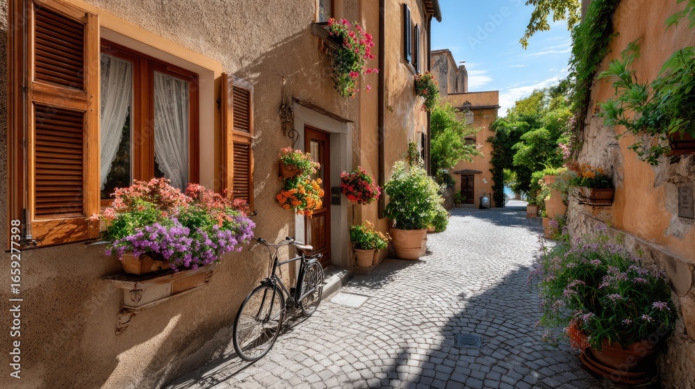 Naklejka premium street in a small Italian town, lined with rustic stone buildings in warm earthy tones