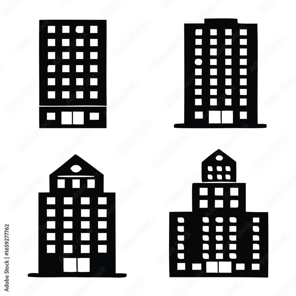 Black Building Silhouette Icons Collection Black Building Silhouette Icons Collection