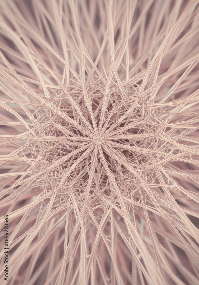 Fototapeta premium Abstract, symmetrical pattern of light pinkish-tan radiating lines. Dense, intricate network of delicate, radiating threads converging on a central point