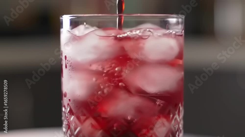 Red liquid poured into a glass with ice