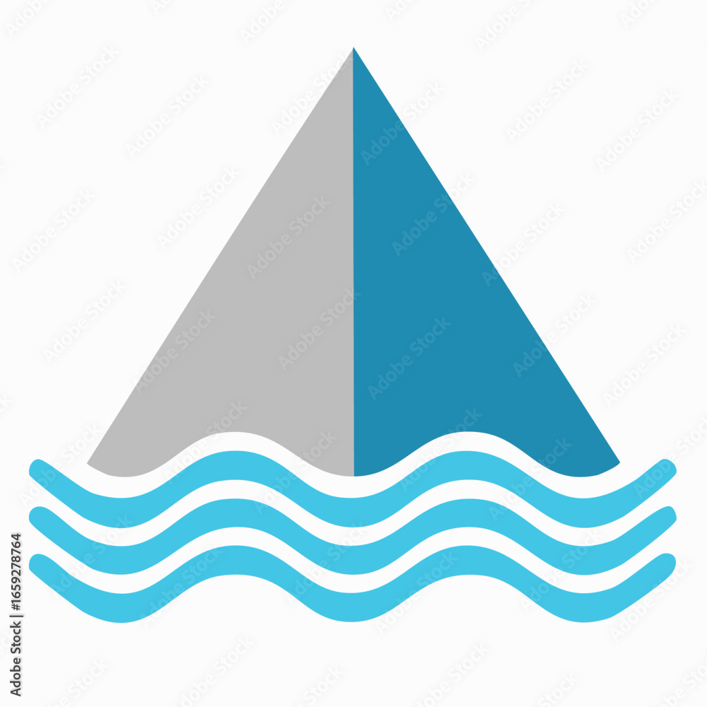 Fototapeta premium Minimalist graphic of a shark fin emerging from calm blue ocean waves, symbolizing marine life, danger, or aquatic adventures.