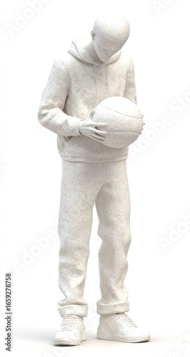 A monochromatic sculpture of a person holding a basketball