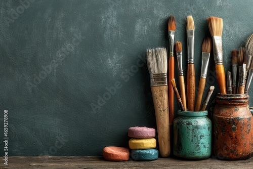 Art supplies arrangement creative studio photography indoor close-up