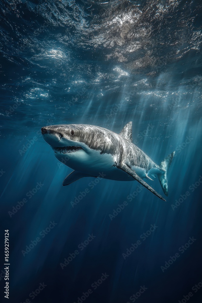 Fototapeta premium Great white shark swimming in deep ocean waters underwater photography