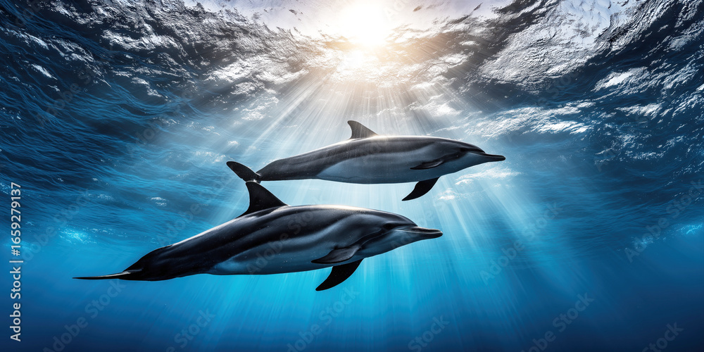 Obraz premium pair of dolphins swim underwater in sea