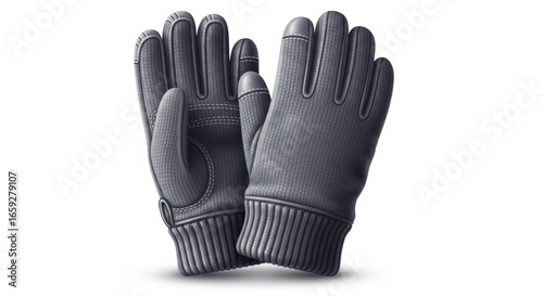 A pair of gray gloves with touch screen compatibility on the fingertips, isolated on a white background.