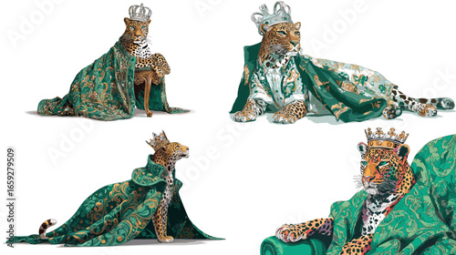 Elegant leopards wearing crowns and luxurious green robes, illustrated as majestic rulers, blending wildlife with royal fantasy character design.