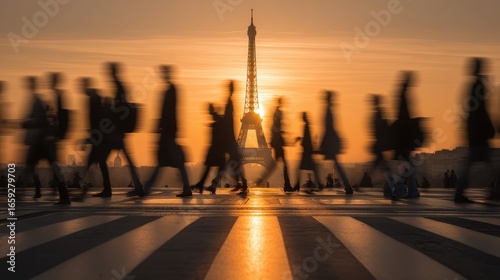 Evening rush hour at eiffel tower paris urban lifestyle backlit movement