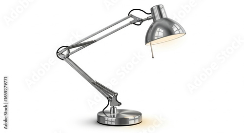 A modern, metallic desk lamp with an adjustable arm, illuminated against a white background.