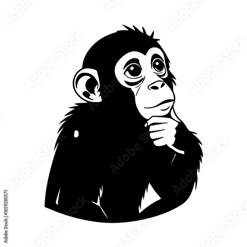 Curious Monkey Icon
A playful and inquisitive vector icon of a curious monkey, designed in a simple black and white style. This graphic captures a sense of wonder and mischievousness