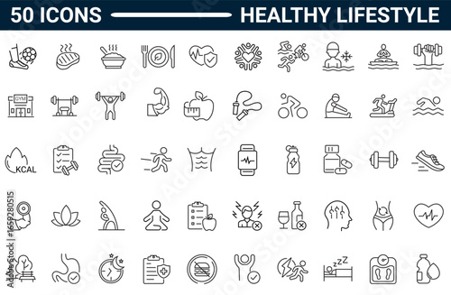 Set of 50 outline icons related to healthy lifestyle. Linear icon collection. Editable stroke. Vector illustration. Pictograms and infographics for mobile apps. 