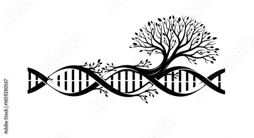 DNA strand transforming into tree in black and white illustration