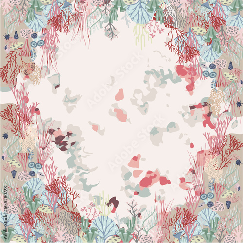 Hand drawn coral reef with colorful sea plants and tropical floral arrangement for ocean inspired decorative border design