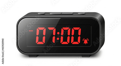 Sleek black digital alarm clock displaying 7:00 AM with bright red LED digits.
