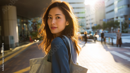 振り返るアジア人女性。逆光。振り向いた瞬間をフォーカスする若くて美しい女性。An Asian woman looking back. Backlit. A young, beautiful woman focusing on the moment she turned around.