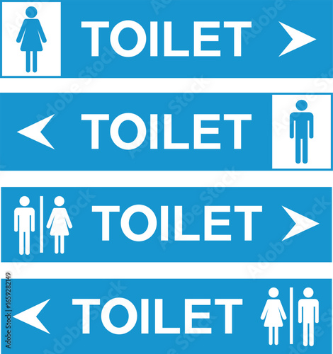 blue toilet direction signs with male female icons. toilet arrow, restroom direction, washroom signage. vector illustration