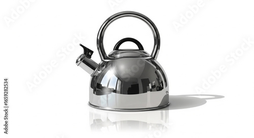 Shiny stainless steel kettle, modern design, reflecting light, isolated on white.
